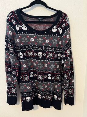 Torrid Black, Gray & White Skull Scoop Neck Sweater with Red Accents
